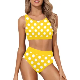 Yellow Polka Dot Bikini Sports Bikini Set, High Waisted Cheeky Bottom Halter Crop Top Sexy Swimsuits Women Padded Swimwear Bathing Suit