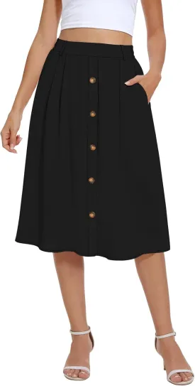 Yincro Women's Flowy Midi Skirt Summer Pleated High Waisted Casual Button Front Skirts with Pockets