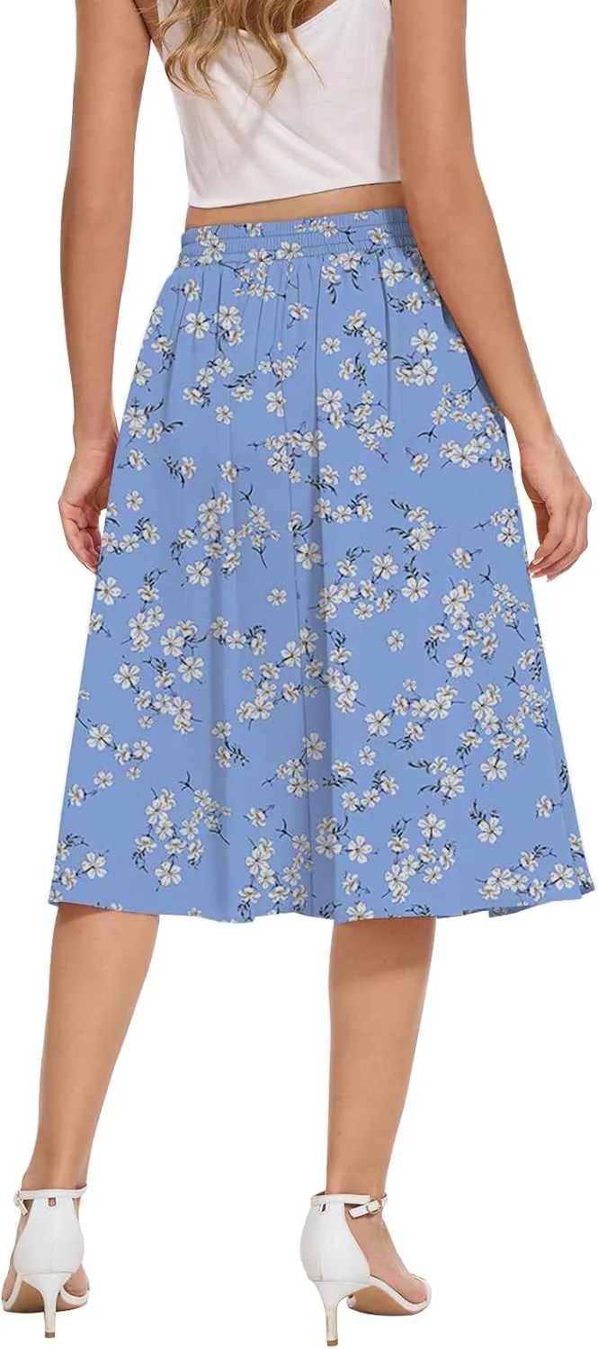 Yincro Women's Flowy Midi Skirt Summer Pleated High Waisted Casual Button Front Skirts with Pockets