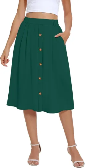 Yincro Women's Flowy Midi Skirt Summer Pleated High Waisted Casual Button Front Skirts with Pockets
