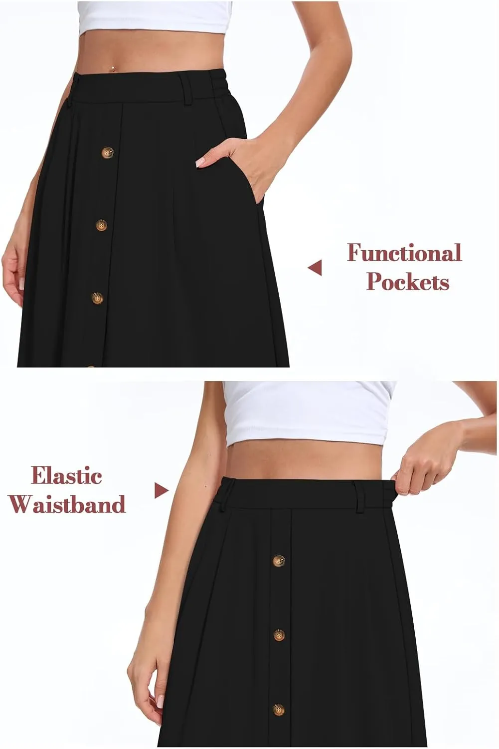 Yincro Women's Flowy Midi Skirt Summer Pleated High Waisted Casual Button Front Skirts with Pockets