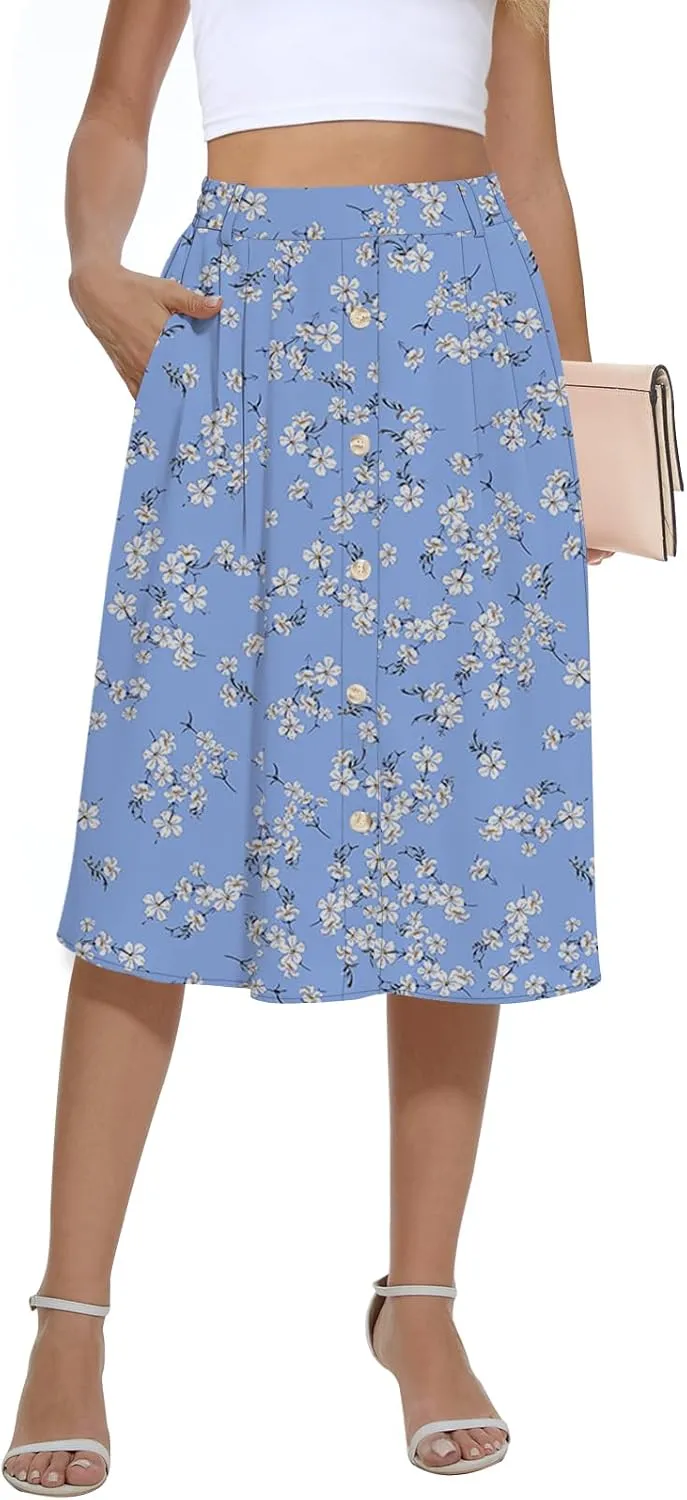 Yincro Women's Flowy Midi Skirt Summer Pleated High Waisted Casual Button Front Skirts with Pockets