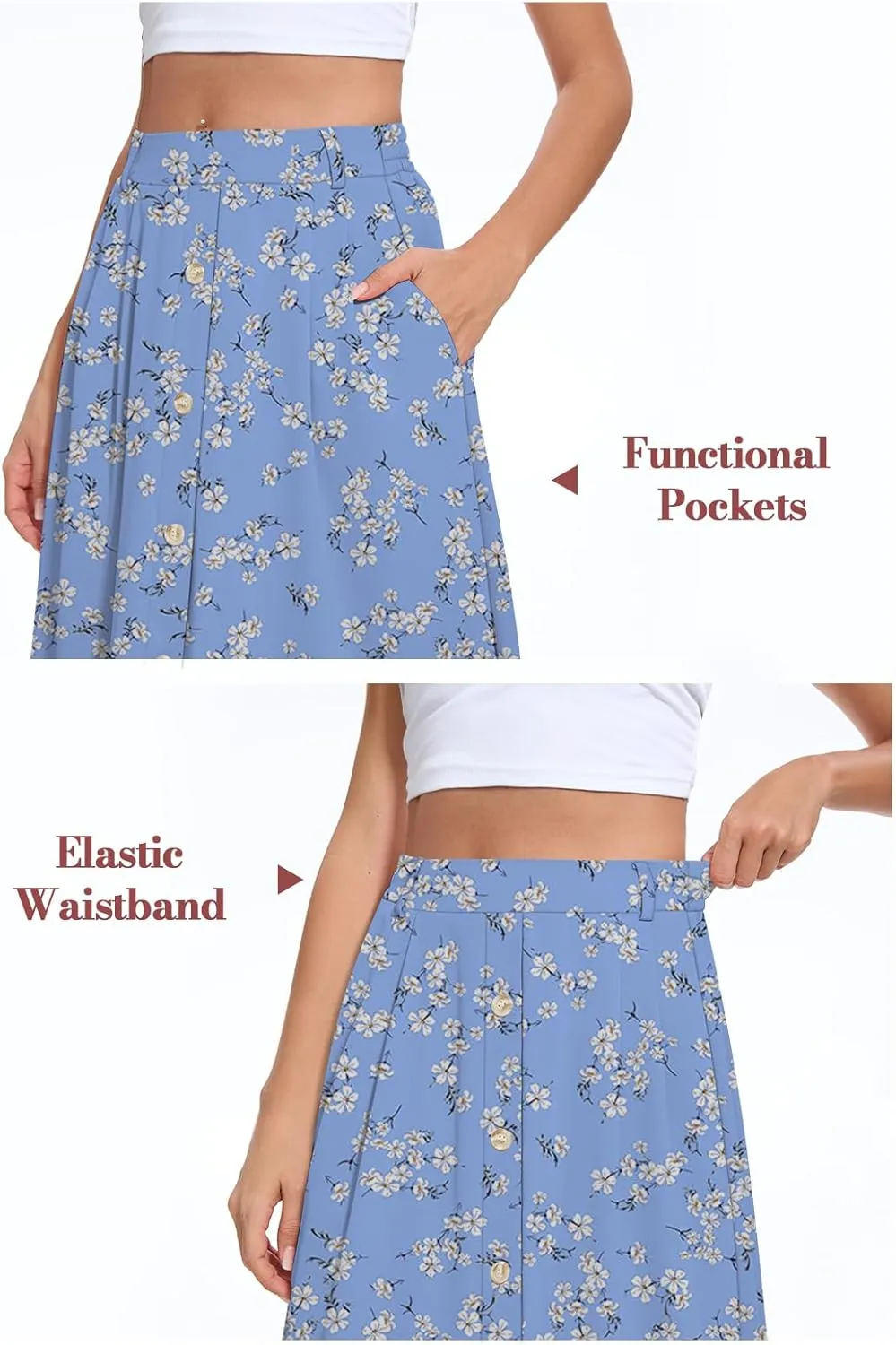 Yincro Women's Flowy Midi Skirt Summer Pleated High Waisted Casual Button Front Skirts with Pockets