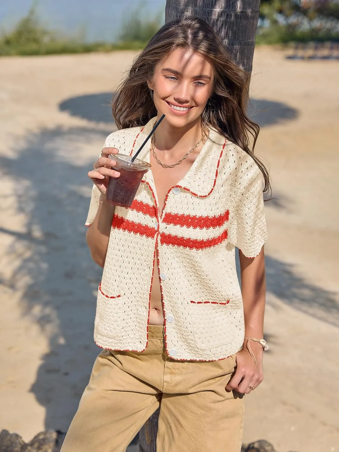 Yousify Womens Striped Short Sleeve Sweater Casual Knitted Button Down Crochet Cardigan Vintage Y2k Hollow-Out Tops