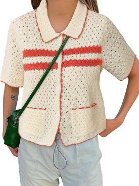 Yousify Womens Striped Short Sleeve Sweater Casual Knitted Button Down Crochet Cardigan Vintage Y2k Hollow-Out Tops