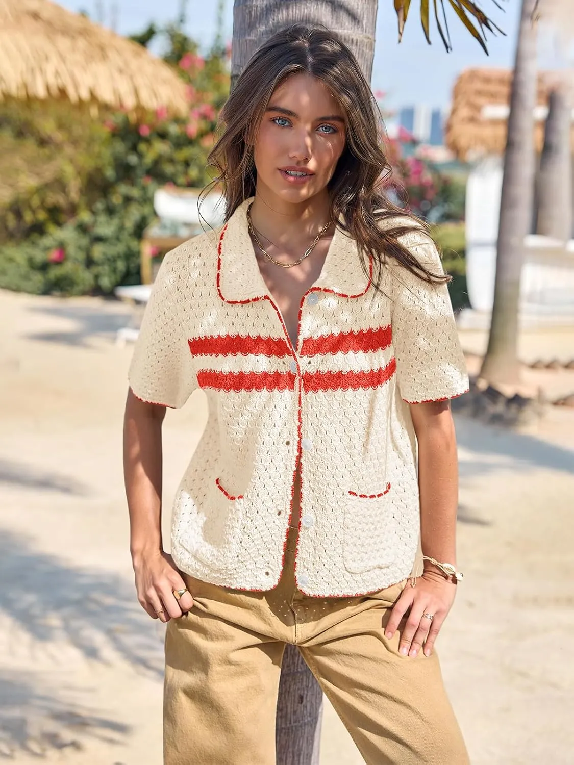 Yousify Womens Striped Short Sleeve Sweater Casual Knitted Button Down Crochet Cardigan Vintage Y2k Hollow-Out Tops