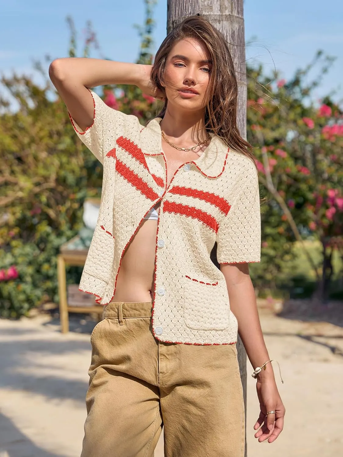 Yousify Womens Striped Short Sleeve Sweater Casual Knitted Button Down Crochet Cardigan Vintage Y2k Hollow-Out Tops