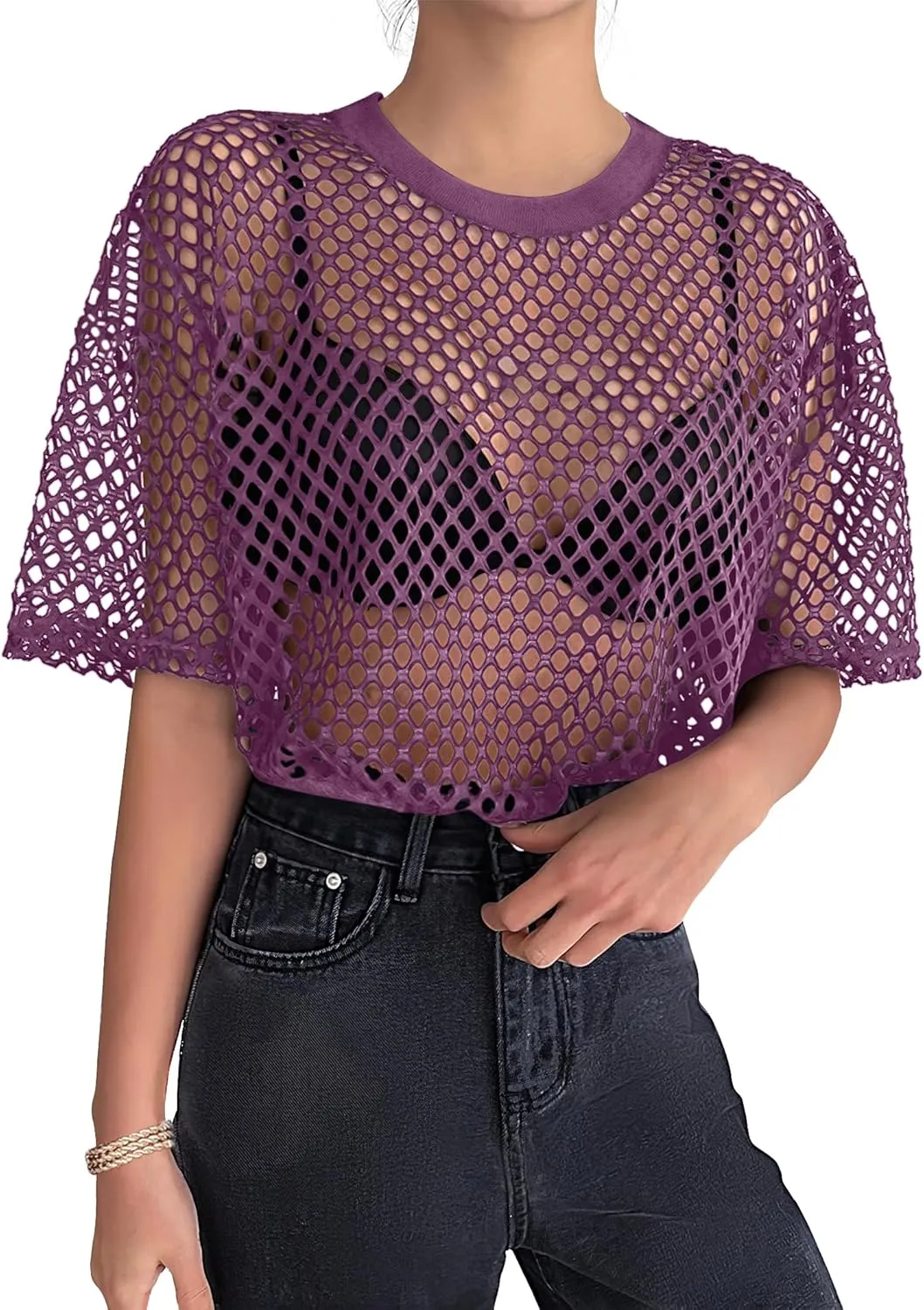 Zeagoo Womens Mesh T Shirts Short Sleeve Casual Tops Hollow Out Pullover Shirts Crewneck Sexy Fishnet Crop Tee S-XXL