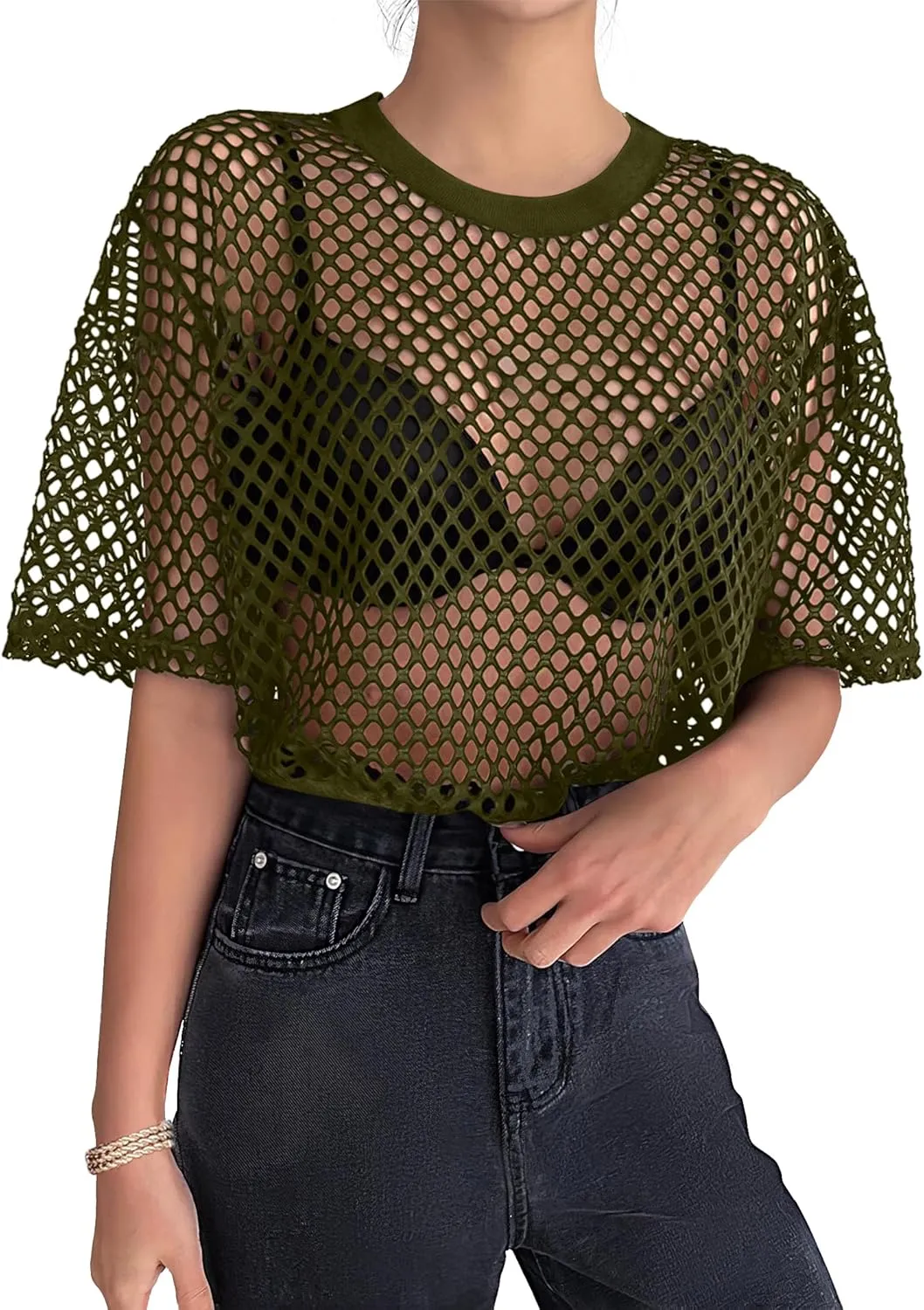 Zeagoo Womens Mesh T Shirts Short Sleeve Casual Tops Hollow Out Pullover Shirts Crewneck Sexy Fishnet Crop Tee S-XXL