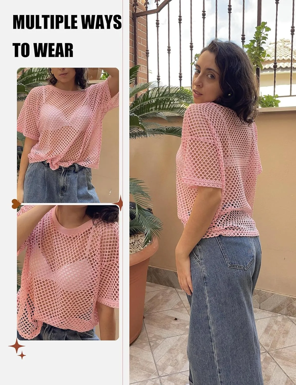 Zeagoo Womens Mesh T Shirts Short Sleeve Casual Tops Hollow Out Pullover Shirts Crewneck Sexy Fishnet Crop Tee S-XXL
