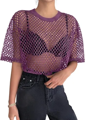 Zeagoo Womens Mesh T Shirts Short Sleeve Casual Tops Hollow Out Pullover Shirts Crewneck Sexy Fishnet Crop Tee S-XXL