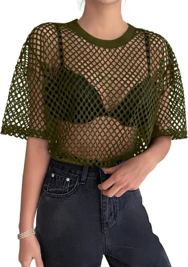 Zeagoo Womens Mesh T Shirts Short Sleeve Casual Tops Hollow Out Pullover Shirts Crewneck Sexy Fishnet Crop Tee S-XXL