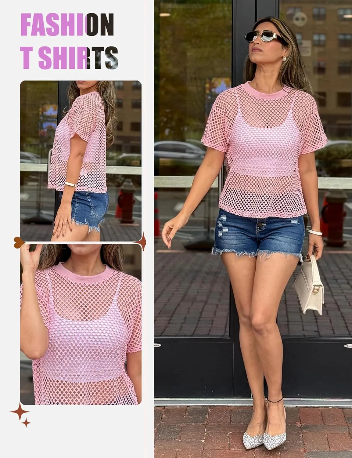 Zeagoo Womens Mesh T Shirts Short Sleeve Casual Tops Hollow Out Pullover Shirts Crewneck Sexy Fishnet Crop Tee S-XXL
