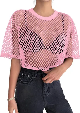 Zeagoo Womens Mesh T Shirts Short Sleeve Casual Tops Hollow Out Pullover Shirts Crewneck Sexy Fishnet Crop Tee S-XXL