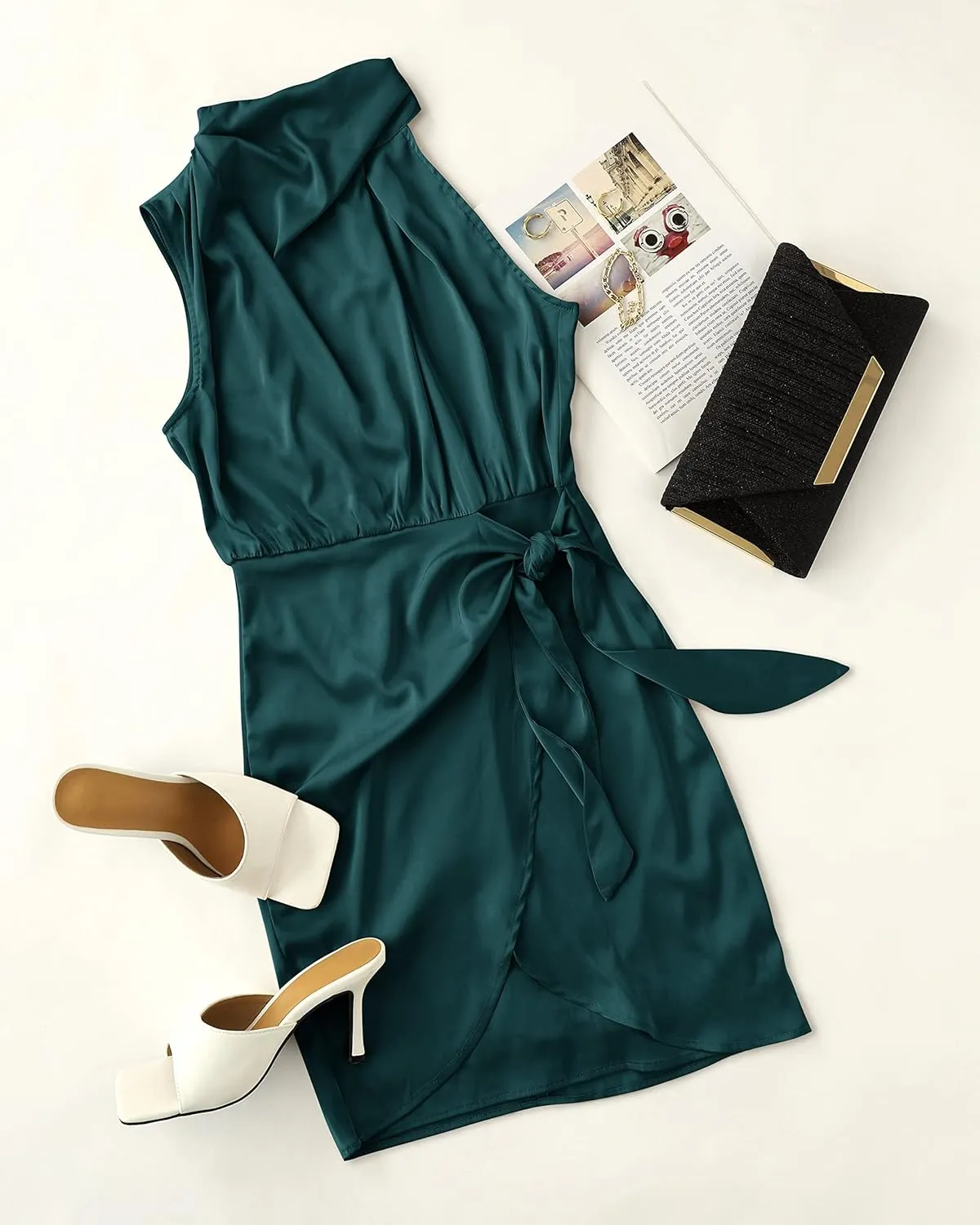 ZESICA Women's 2025 Fashion Satin Sleeveless Halter Neck Tie Waist Wrap Bodycon Cocktail Party Mini Dress