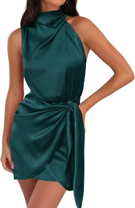 ZESICA Women's 2025 Fashion Satin Sleeveless Halter Neck Tie Waist Wrap Bodycon Cocktail Party Mini Dress