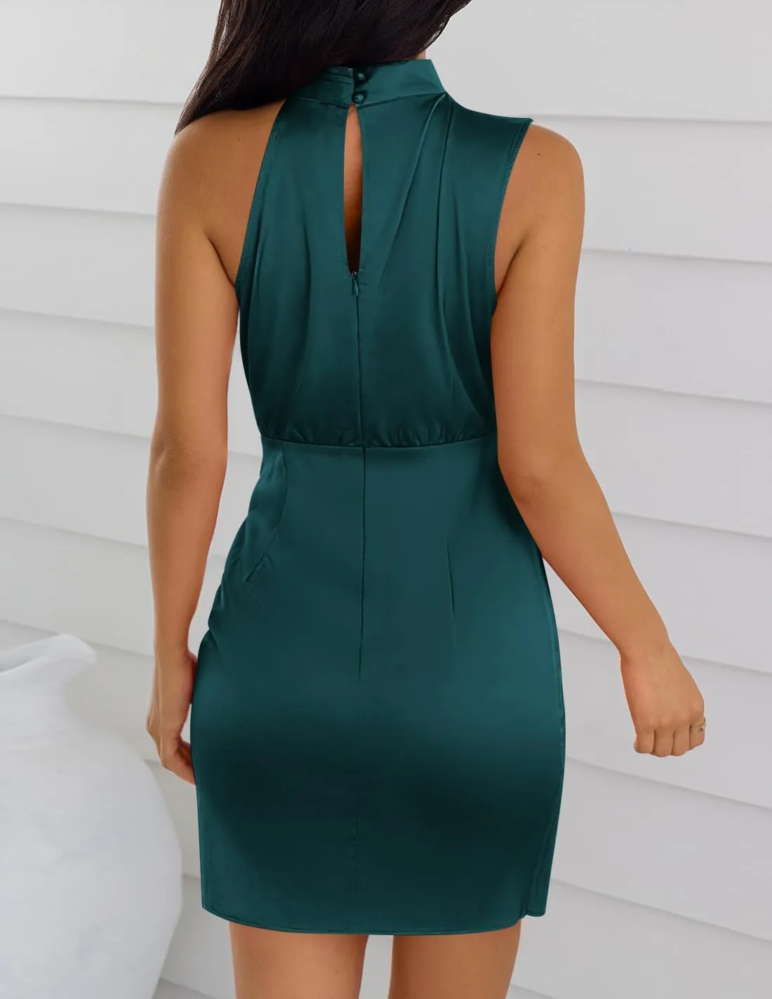 ZESICA Women's 2025 Fashion Satin Sleeveless Halter Neck Tie Waist Wrap Bodycon Cocktail Party Mini Dress
