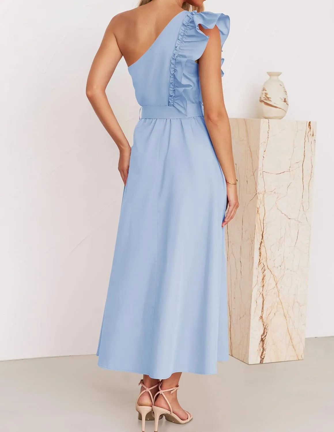 ZESICA Women's 2025 Summer One Shoulder Ruffle Dress Sleeveless Empire Waist Boho Flowy Maxi Dresses