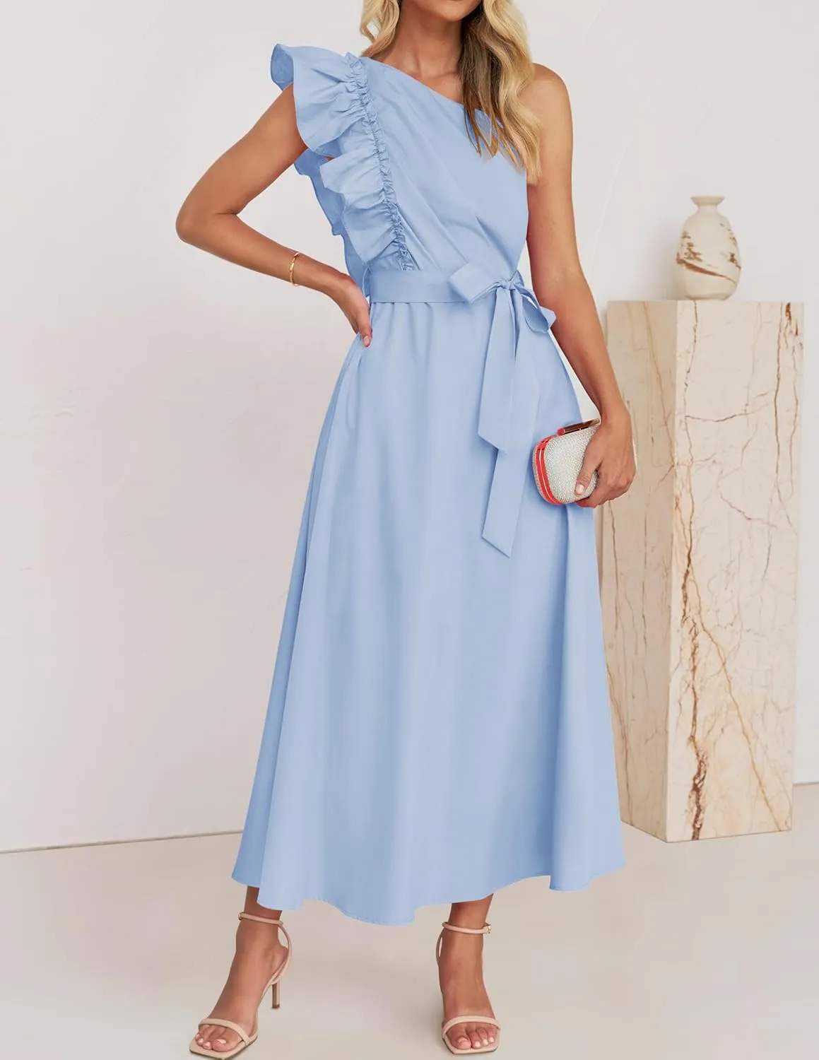 ZESICA Women's 2025 Summer One Shoulder Ruffle Dress Sleeveless Empire Waist Boho Flowy Maxi Dresses