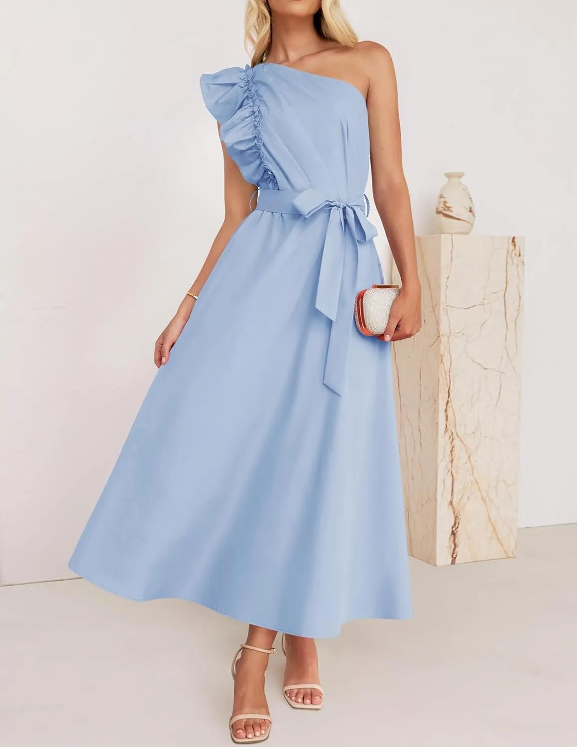 ZESICA Women's 2025 Summer One Shoulder Ruffle Dress Sleeveless Empire Waist Boho Flowy Maxi Dresses