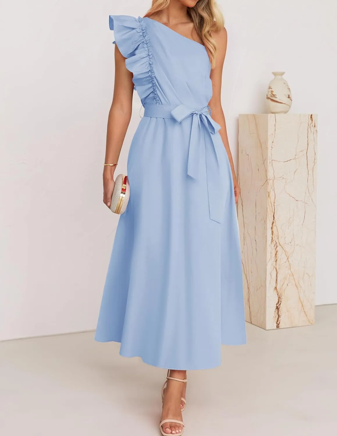 ZESICA Women's 2025 Summer One Shoulder Ruffle Dress Sleeveless Empire Waist Boho Flowy Maxi Dresses