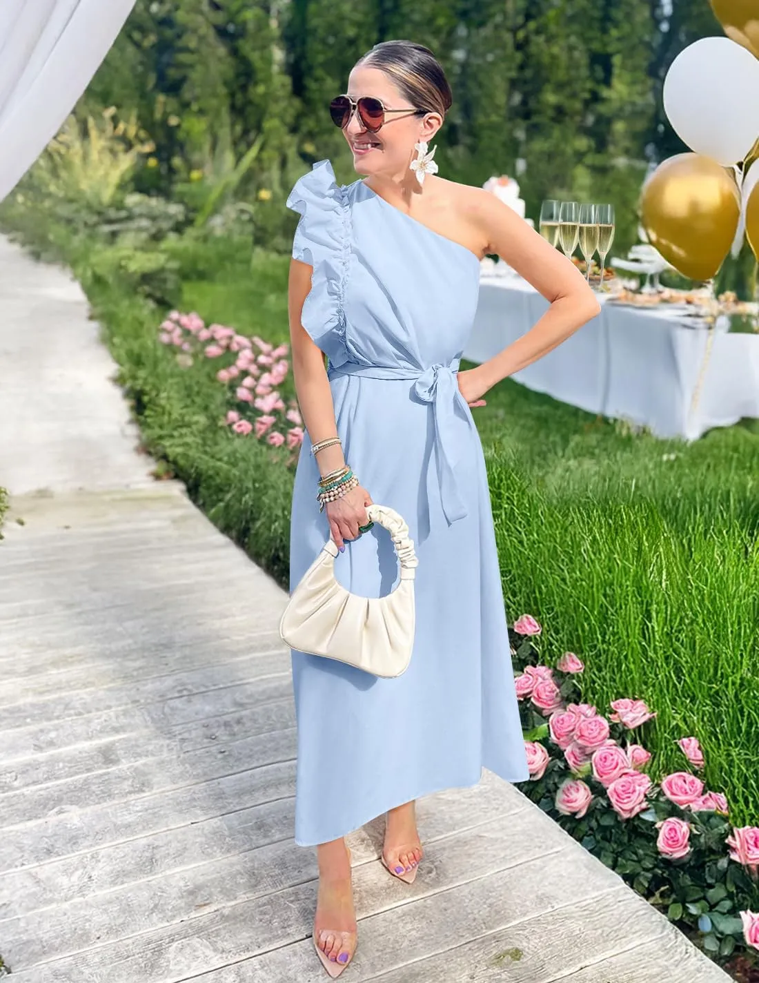 ZESICA Women's 2025 Summer One Shoulder Ruffle Dress Sleeveless Empire Waist Boho Flowy Maxi Dresses