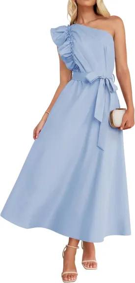 ZESICA Women's 2025 Summer One Shoulder Ruffle Dress Sleeveless Empire Waist Boho Flowy Maxi Dresses